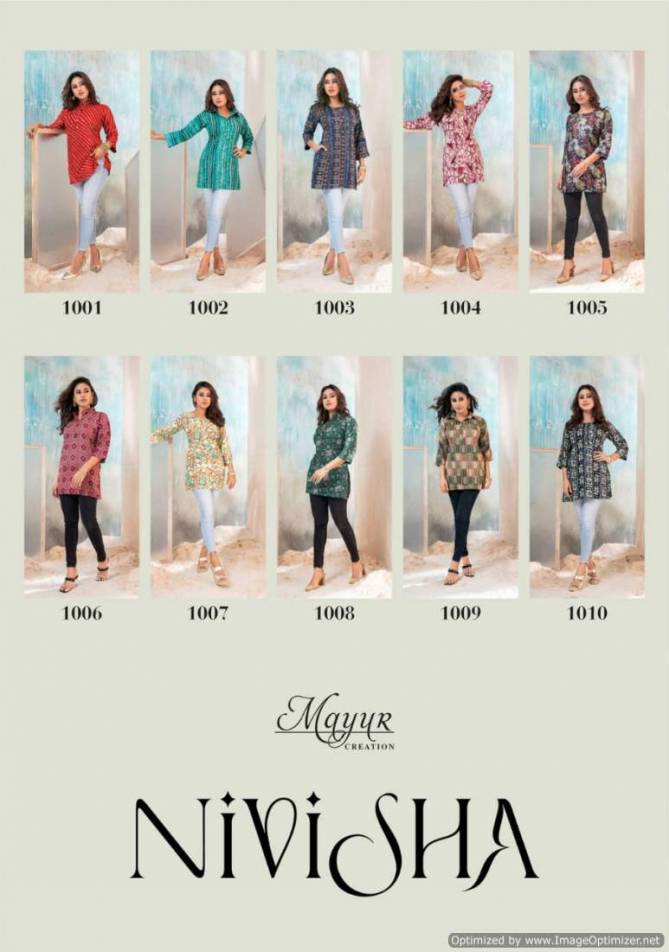 Nivisha Vol 1 By Mayur Heavy Rayon Printed Tunic Ladies Top Wholesale Market In Surat
